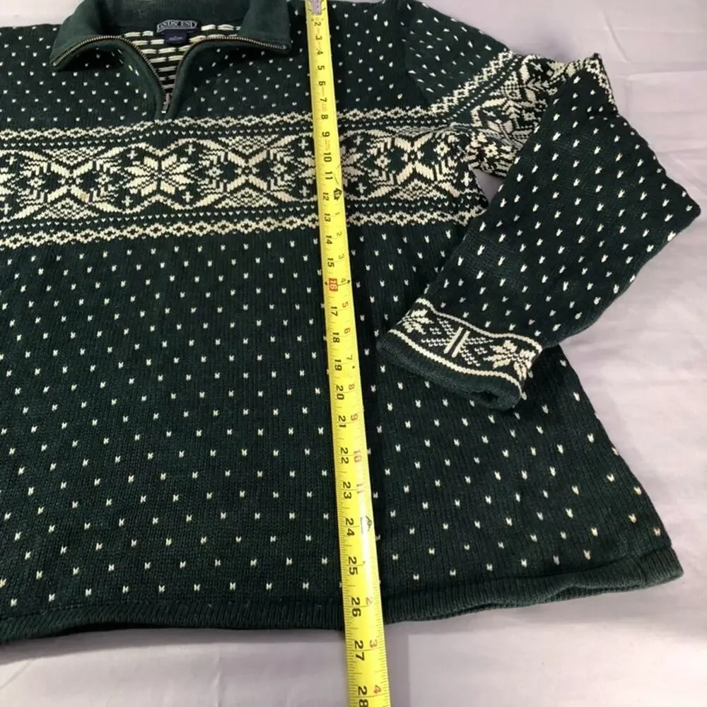 Vintage Nordic Snowflake‎ 1/4 Zip Pullover Sweater Land's End Large Forest Green